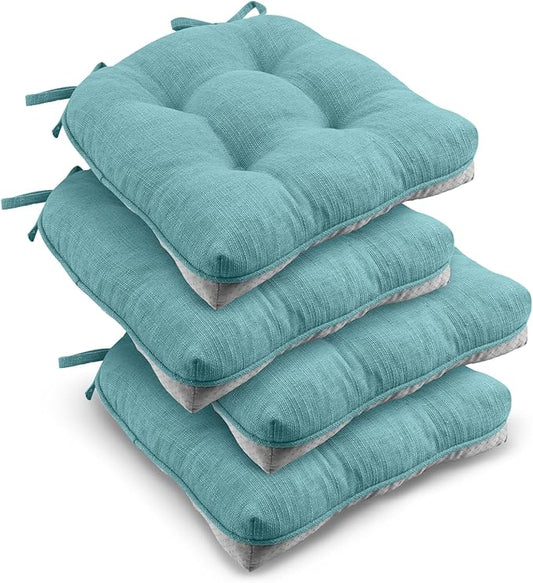 downluxe Indoor Chair Cushions for Dining Chairs, Tufted Overstuffed Textured Kitchen Chair Pads with Ties and Non-Slip Backing, 15.5" x 15.5" x 4", Aqua Blue, 4 Pack
