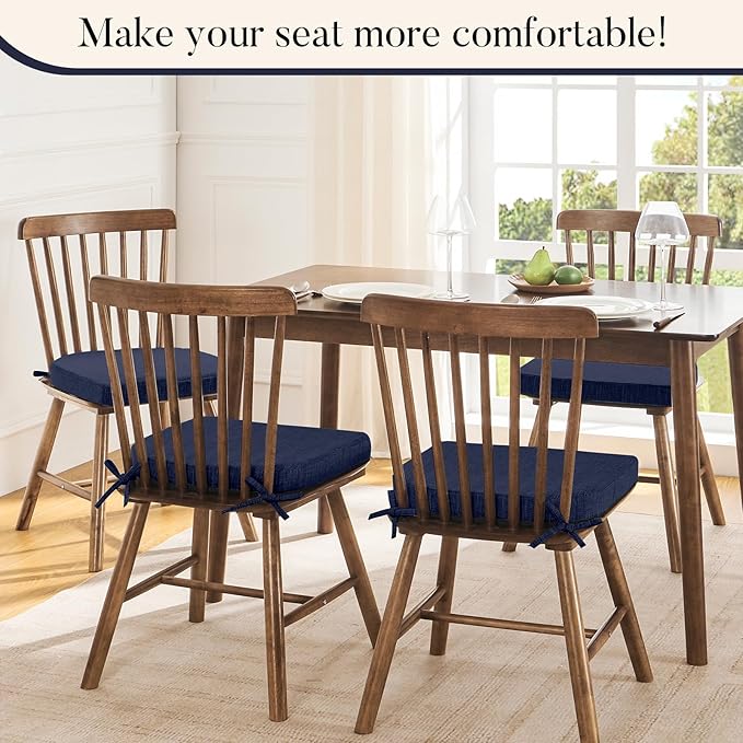 Basic Beyond Chair Cushions for Dining Chairs 4 Pack, Kitchen Chair Cushions with Ties and Non Slip Backing, 16 x 16 inches Chair Pads for Dining Chairs (Navy)