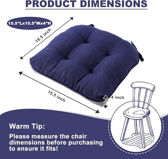 Battilo Chair Cushions Set of 2 for Dining Chairs, Seat Cushions for Kitchen Chairs with Non-Slip Backing, Indoor/Outdoor Waterproof Chair Seat Pads with Ties, 15.5"x15.5"x4", Navy