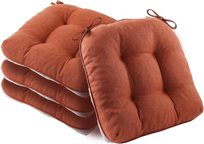 Battilo Chair Cushions Set of 4 for Dining Chairs, Seat Cushions for Kitchen Chairs with Non-Slip Backing, Indoor/Outdoor Waterproof Chair Seat Pads with Ties, 15.5"x15.5"x4", Caramel