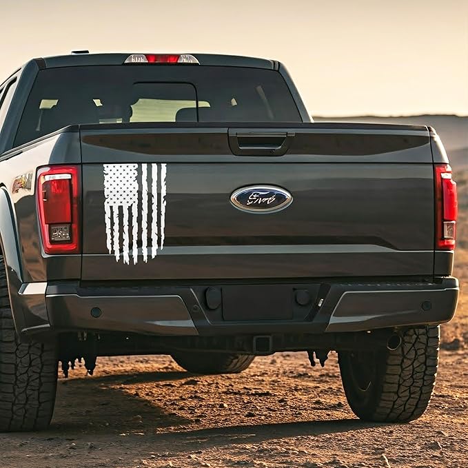 GRITKULTURE Distressed American Flag Vinyl Decal 17 inches by 9 inches for Trucks, Cars, and Windows Compatible with Most Pickup- Rear Graphic USA, US Flag Car Sticker (White)