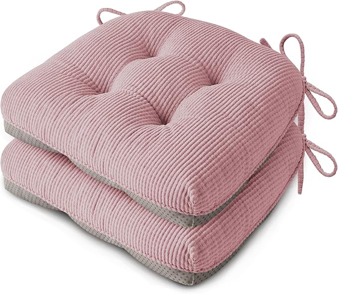 Indoor Kitchen Chair Cushions Set of 2 18"X16.5"X3" Soft Anti Slip Dining Chair Pads Tufted Kitchen Seat Cushion with Ties, Light Pink