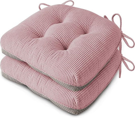 Indoor Kitchen Chair Cushions Set of 2 18"X16.5"X3" Soft Anti Slip Dining Chair Pads Tufted Kitchen Seat Cushion with Ties, Light Pink