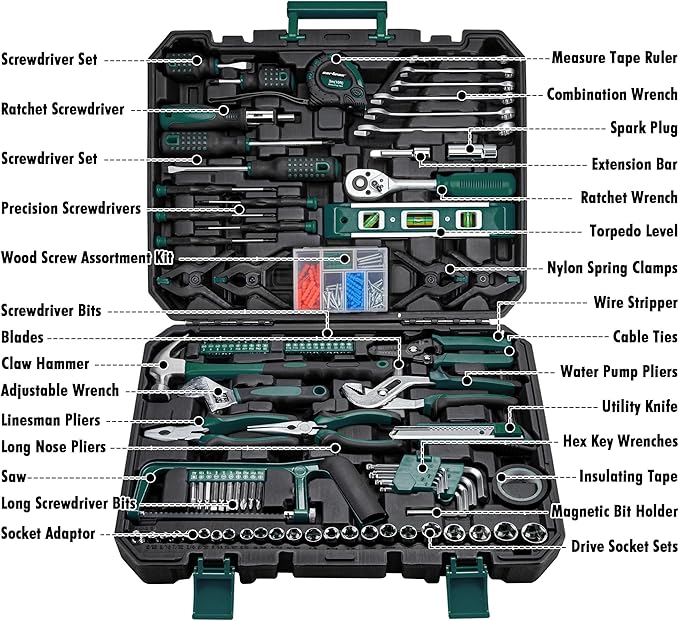 CARTMAN 238-Piece Tool Set with Socket Wrench & Auto Repair Tools Mixed General Household Hand Tool Kit, Green Plastic Toolbox Storage Case Comprehensive DIY, Home & Car Maintenance