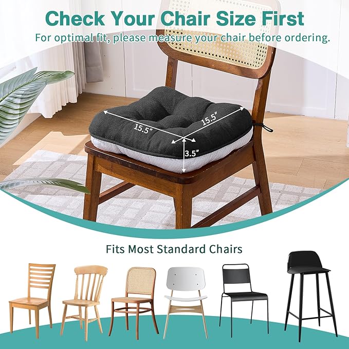 BETU Black Chair Cushions for Dining Chairs Set of 2,3.5" Thick Kitchen Table Chair Pads with Ties,Non Slip Backing and Covers,Seat Cushion for Dining Room,Bar,Patio Chairs,15.5"X15.5"X3.5",Black