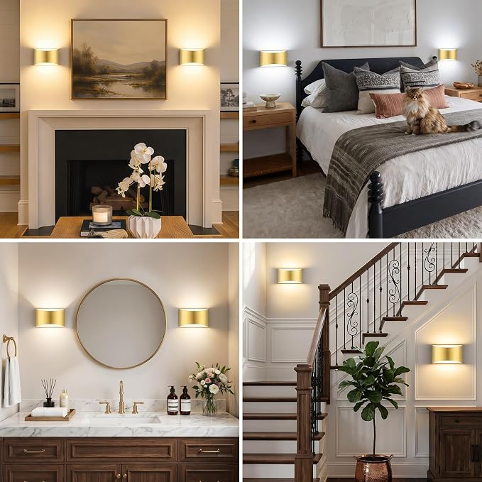 MATAMEYE Modern LED Wall Sconce Set of 2, Gold Indoor Wall Lighting Fixture with 3 Colors Temperatures, 10W Up/Down Hardwired Wall Mount Lamp for Bedroom Living Room Hallway
