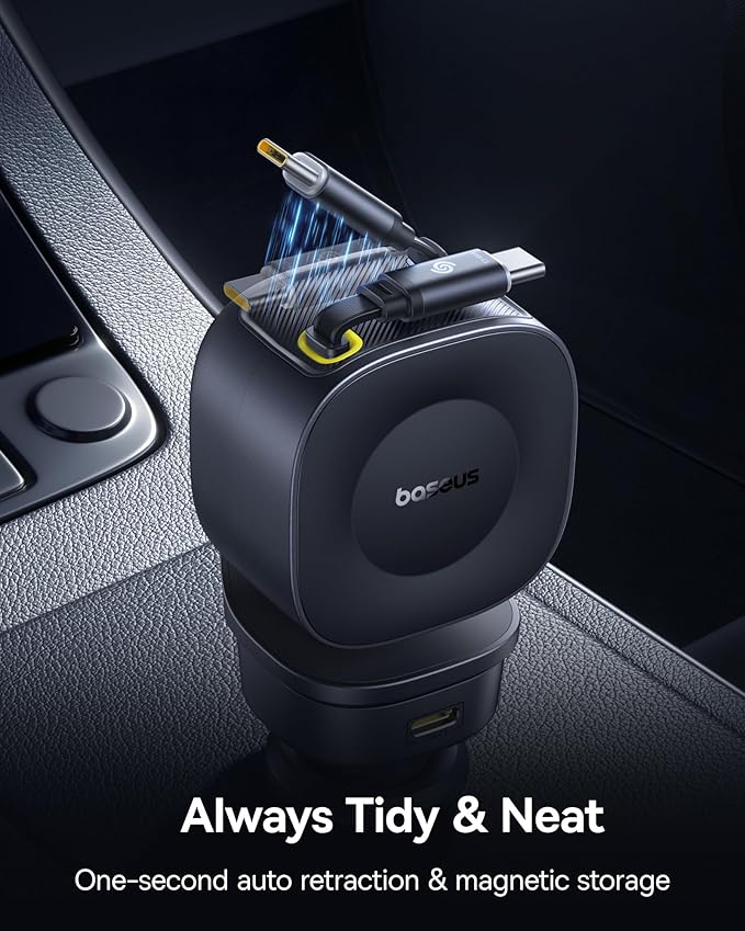 Baseus 163W Retractable Car Charger USB C Fast Charging, PrimeTrip VR2 Max 4 in 1 Fast Car Charger with Dual Retractable USB C Cable for iPhone 17 16 15 Pro Max, Samsung Galaxy S25 Ultra, Android