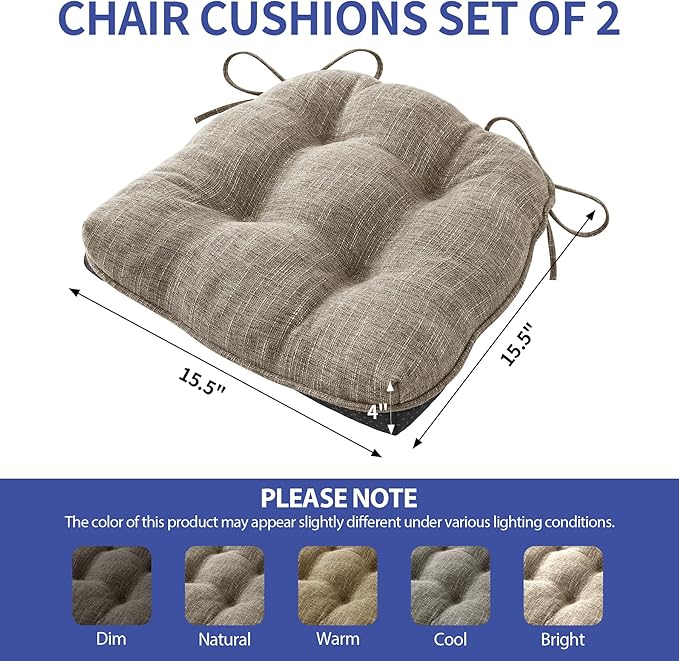 IPYNBAP Chair Cushions for Dining Chairs Set of 2, Kitchen Chair Cushions, Chair Pads with Ties and Non Slip Backing, Tufted Memory Foam Seat Cushion 2 Pack, 15.5" x 15.5" x 4", Khaki