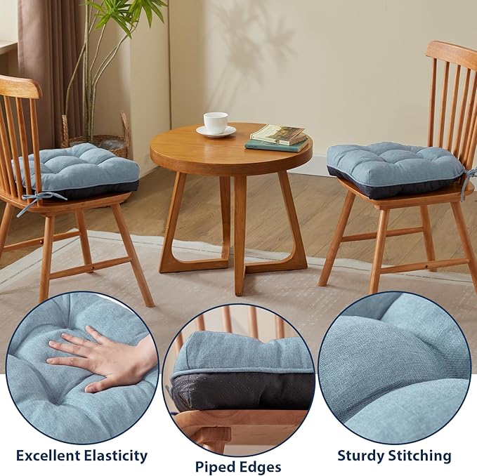 IASEAHK Chair Cushions for Dining Chairs, Seat Cushions for Kitchen Chairs, Indoor Seat Cushions with Ties, Tufted Foam Chair Pads, Non Slip Chair Cushions Set of 4, 15.5" x 15.5" x 4", Light Blue