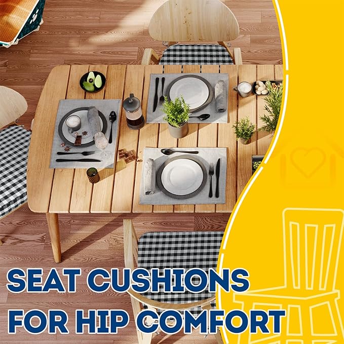AAAAAcessories D-Shaped Chair Cushions, 2" Thick Dining Chair Pads with Ties and Removable, Machine-Washable Cover, 17" x 16", Set of 4, Checkered Black/White
