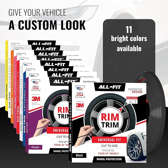 All-Fit Automotive Rim Trim – Durable DIY Car Exterior Accessories for Curb Rash Protection – Fits Up to Four 24” Wheels – Flexible, Durable Wheel Rim Protector (3/8″ width/Black)