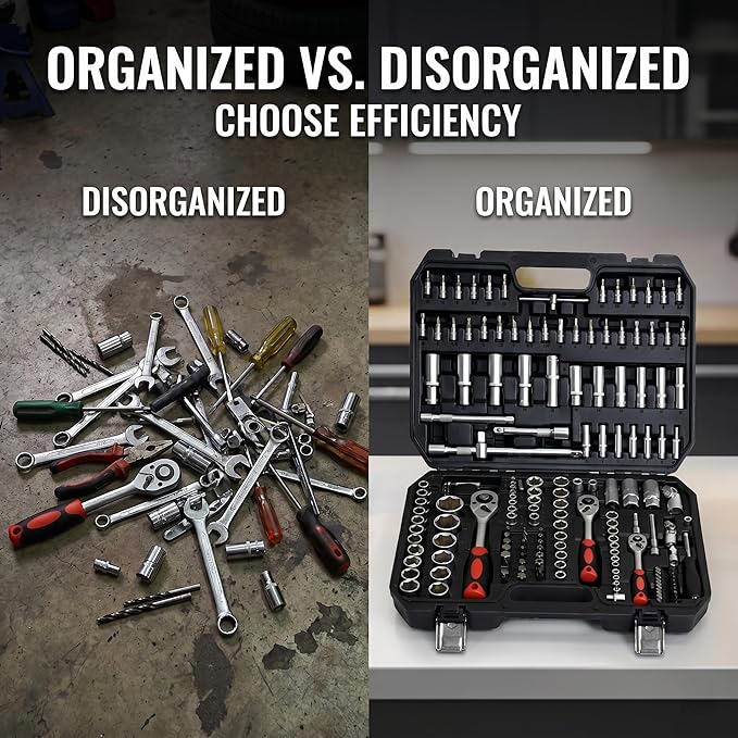 171 Piece Mechanics Tool Set, Heavy Duty Socket and Ratchet Wrench Toolbox Combo Kit, 1/4", 3/8" & 1/2" Drive Hand Tools for Auto Repair and Home Maintenance, Gifts for Men，Black