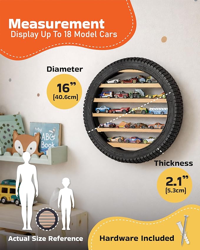 Tapeera Model Car Display Case Stand - Toy Cars Organizer Wall Display Tire Shelf Cabinet - Holds Up to 18 Diecast 1/64 Car Collectibles - Compatible with Hot Wheels Matchbox - Wheel Diameter 16 Inch