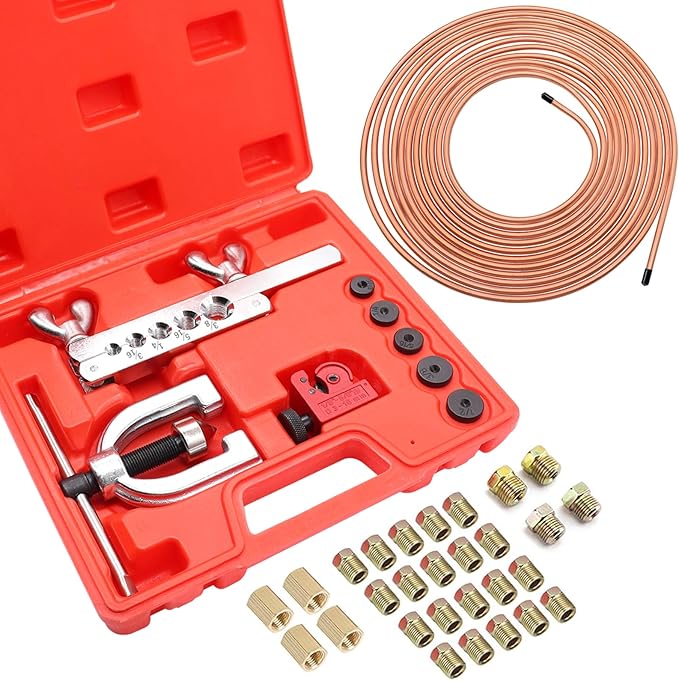 25 ft 1/4Inch Copper Coated Brake Line Kit(Includes 24 Fittings and 4 Unions) with Double & Single Flaring Tool Kit
