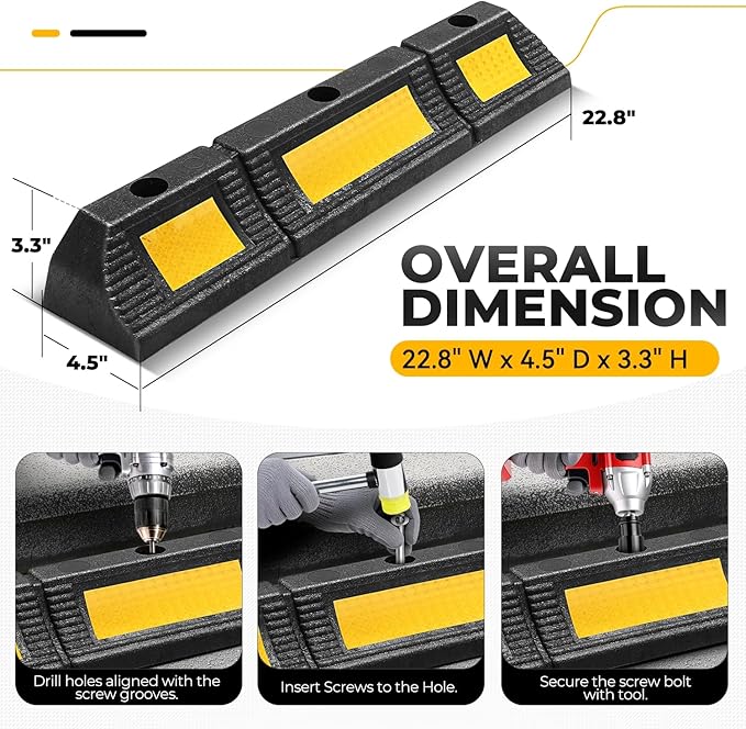 Auto Dynasty 2Pcs Heavy Duty Parking Aid for Garage, 23" Rubber Tire Stops for Garage Floor, High Visibility Garage Car Stopper with Reflective Safety Strips for Car Curb Floor Parking Lot