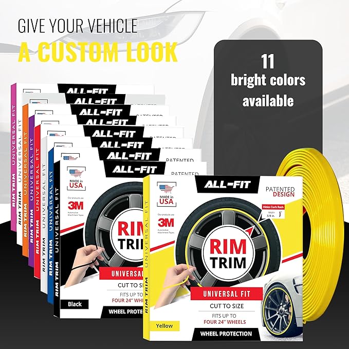 All-Fit Automotive Rim Trim – Durable DIY Car Exterior Accessories for Curb Rash Protection – Fits Up to Four 24” Wheels – Flexible, Durable Wheel Rim Protector (3/8″ width/Yellow)