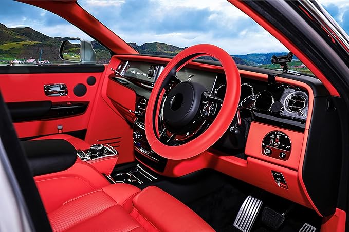 Evankin Red Leather Steering Wheel Cover, Comfortable and Soft Solid Color Universal Steering Wheel Cover 15 inch, Suitable for Most Cars (Red) Valentine's Day