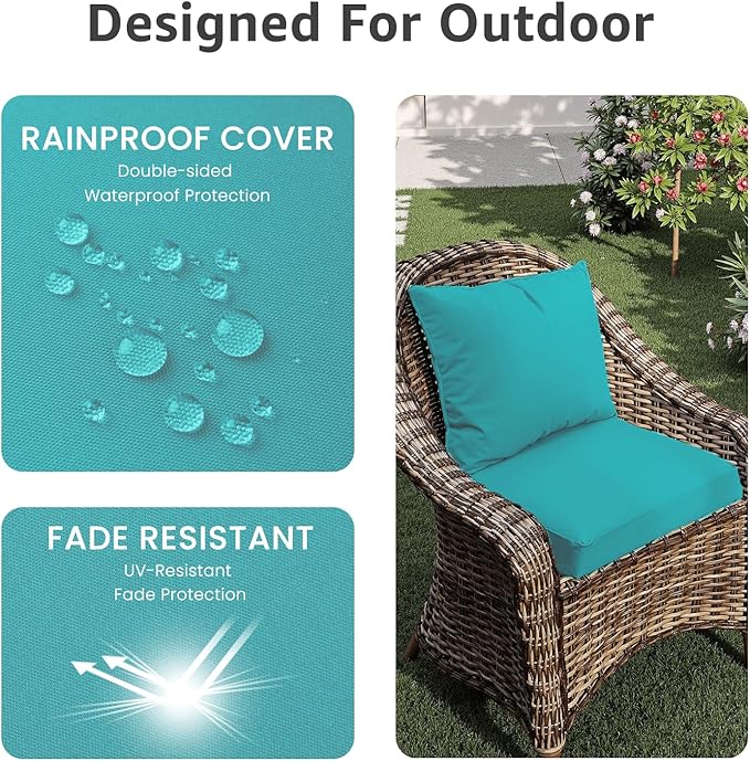PatioGlow Outdoor Chair Cushions 19 x 19 x 3 Inch, Waterproof & Fade Resistant Patio Seat Cushion for Furniture with Handle and Ties, Thick Seating Pads for Outside Sofa Couch Set of 2, Teal