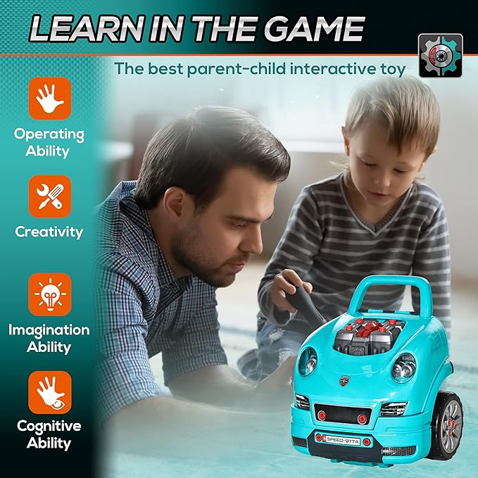 Qaba Truck Engine Toy, Kids Mechanic Set with Lights, Sounds, Steering Wheel and Horn, Pretend Car Service Station Play with 61-Piece Included for Kids Aged 3+, Blue