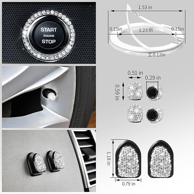 CAR PASS 34 PCS Bling Diamond Car Accessories Set for Women, Leather Car Seat Covers Steering Wheel Covers 15'', USB Charger Phone Holder Shining Rhinestone Sparkly, Cute Interior Decorations, Silver