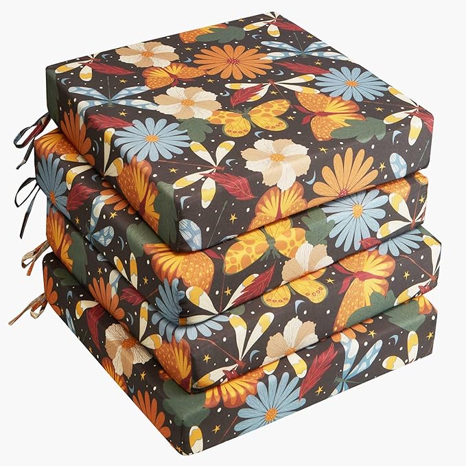 UNIKOME Outdoor Chair Cushions Pack of 4, Water Resistant Patio Cushions with Ties, High Density Sponge Filling Square Corner Seat Cushions for Outdoor Furniture, 19"*19"*3", Flower
