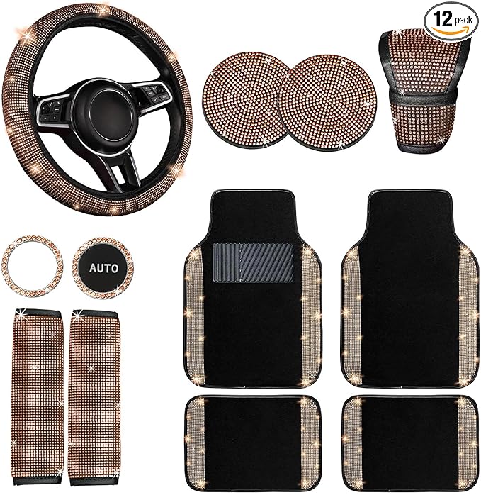 NBTEPEM 12 Pcs Bling Car Accessories Set for Women Car Floor Mats Full Set Steering Wheel Cover Seat Belt Covers Coasters Universal Fit Car SUV Truck Van Gold