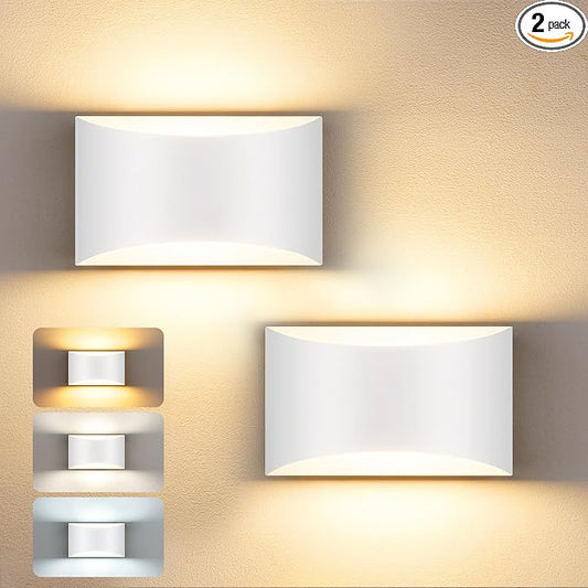 MATAMEYE Modern LED Wall Sconce Set of 2, White Indoor Wall Lighting Fixture with 3 Colors Temperatures, 10W Up/Down Hardwired Wall Mount Lamp for Bedroom Living Room Hallway