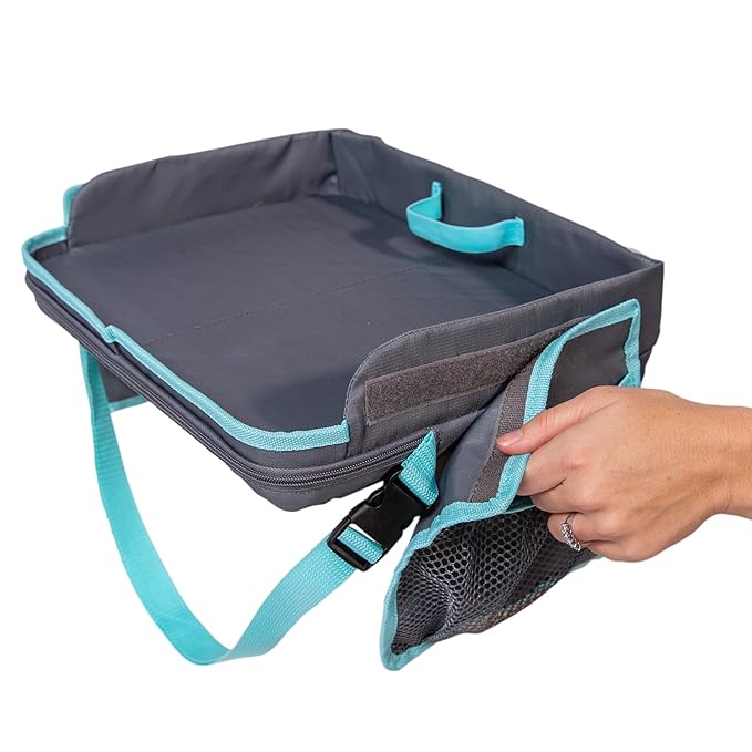 J.L. Childress 3-IN-1 Kids Travel Tray & Tablet Holder - Car Seat Lap Tray Desk for Toddlers, Road Trip Essentials, Car Seat Activity Table, Travel Accessories - Grey/Teal