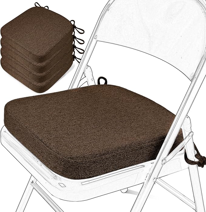 SINOSSO Memory Foam Chair Cushions for Folding Chairs 4 Pack, Thickened 2" Square Pads with Ties for Kitchen Chairs, Indoor Non-Slip Dining Chair Seat Cushions (Set of 4, Dark Brown)