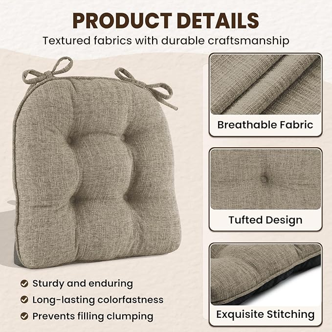 downluxe Indoor Chair Cushions for Dining Chairs, Tufted Overstuffed Textured Kitchen Chair Pads with Ties and Non-Slip Backing, 15.5" x 15.5" x 4", Khaki, 6 Pack