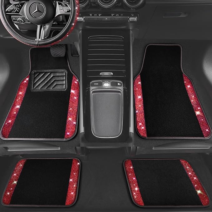 CAR PASS Bling Diamond Leather Steering Wheel Cover 14.5in-15in Floor Mats Shining Rhinestone Carpet Sparkly Glitter Crystal Anti-Slip Pad Fit Automotive SUV Pickup Truck Girl Women, 5pcs Black Red