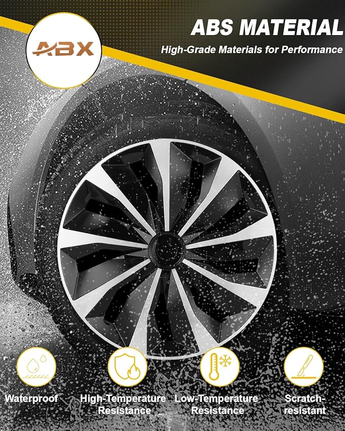 ABX Hubcaps,16 inch hubcaps Set of 4, Wheel Rim Cover ABS Material, Snap On Car Truck SUV Replacement, for Toyota Camry Nissan Mazda etc, Black & Silver