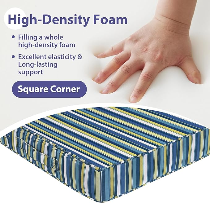 IPYNBAP Outdoor Chair Cushions Set of 4 -Waterproof Outdoor Seat Cushions for Patio Furniture, Patio Chair Cushion with Handle and Ties, Out Door Chair Pads,18.5x16x3-Square, Blue Stripe