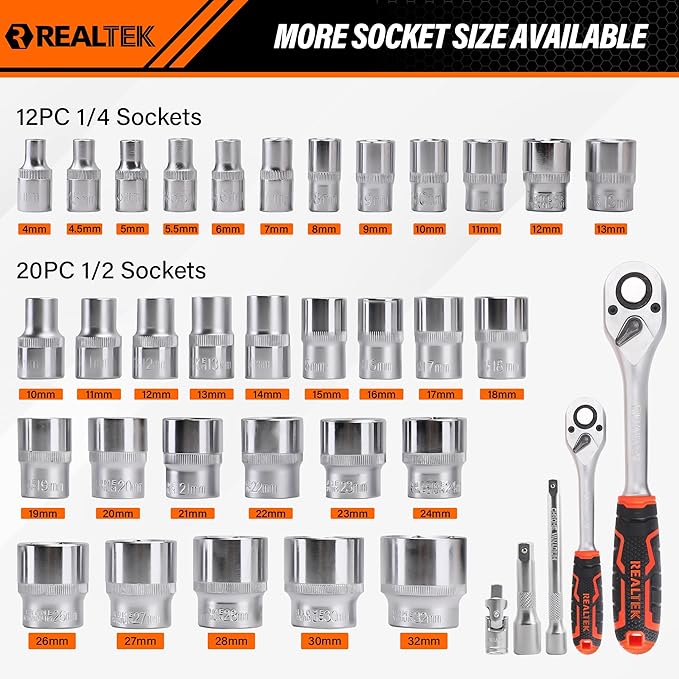 REALTEK 100 Piece Mechanic Tool Set, Car Tool Kit, Cr-V Socket Wrench Auto Repair Kit Includes Socket Accessories, Pliers, Heavy Hammer, Screw Drivers, General Households Tools with Larger Case