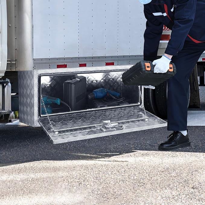 VEVOR Underbody Truck Box, 36"×14"×16" Pickup Storage Box, Heavy Duty Aluminum Diamond Plate Tool Box with Lock and Keys, Waterproof Trailer Storage Box with T-Handle Latch for Truck, Van, Trailer