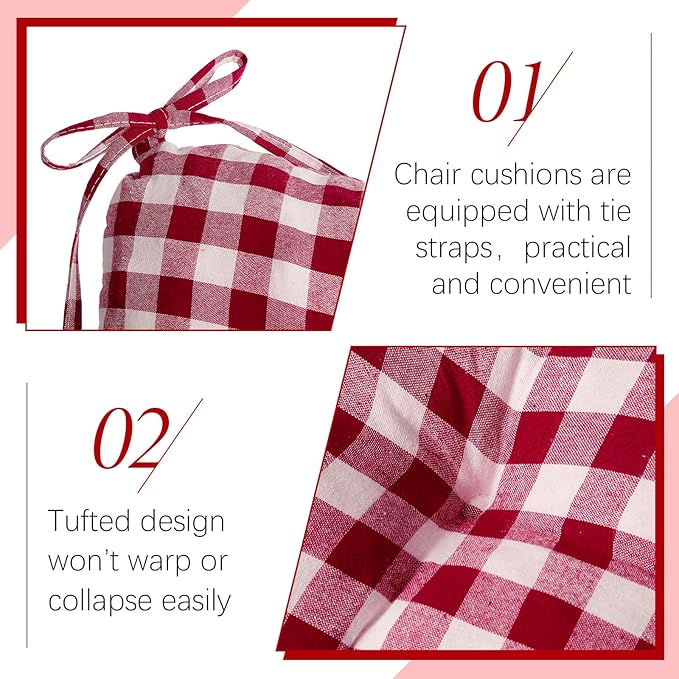 Geetery 4 Pack Chair Cushions for Dining Chairs, 16" x 15" Wine Red and White Kitchen Chair Cushions with Ties Buffalo Plaid Soft Comfy Seat Pads for Home Office Living Room Outdoor Indoor