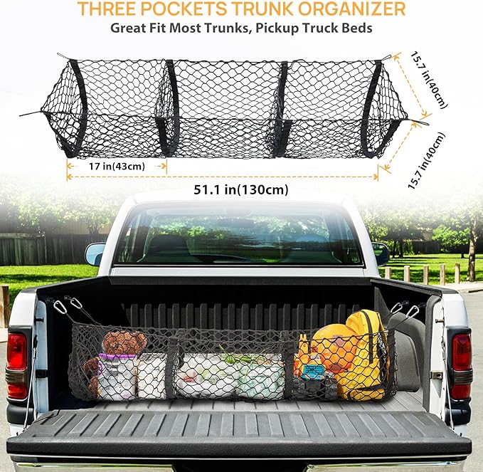 3-Pocket Truck Bed Cargo Net Organizer,Heavy Duty 51.1×15.7 Inch Mesh Storage with 4 Metal Hooks,Universal Pickup Truck Bed Accessories for Toyota,Ford,Chevy,Dodge - Grocery & Gear Holder