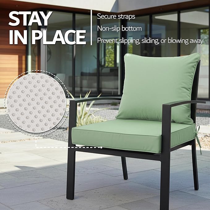 22x22 Inch Patio Chair Cushions Set of 2, Outdoor Furniture Cushions - Removable Cover, Water-Repellent, Fade-Resistant, Non-Slip Bottom & Straps, Replacement for Lawn, Porch & Deck Chair - Sage Green