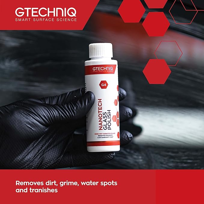 Gtechniq G4 Nanotech Windshield Polish, 3.4 fl oz | Removes Stubborn Dirt and Grime, Removes Water Spots and Tarnishes, Clinically Clean Smear and Scratch-Free Finish