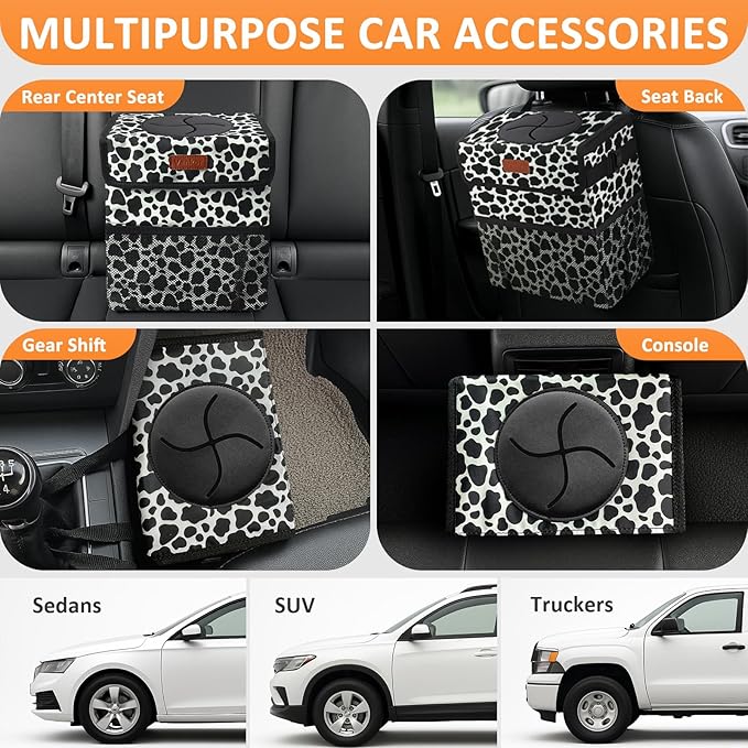 Vankor Car Trash Can for Car Cute,Bag Bin Hanging Waterproof Automotive Garbage Cans Leak Proof Vehicle Trash Can Cow Print