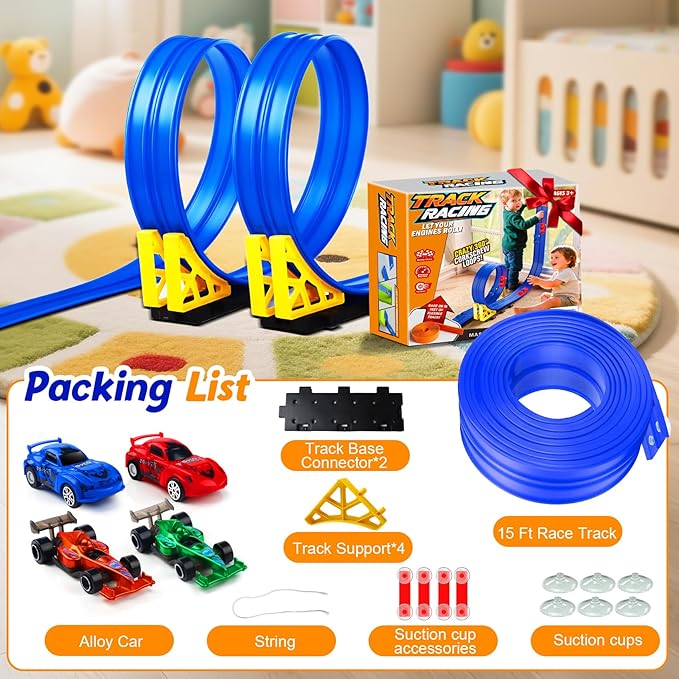 Nicmore Flexible Race Track Toy Set: 15ft DIY Bendable Ramp with Suction Cups – Portable Roll-Up Car Track for Kids Compatible with 1:64 Diecast Cars – Birthday Christmas for Boys Girls Ages 3+