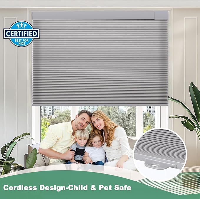 Tonature No Drill Cellular Shades for Indoor Windows, Thermal Insulating & Noise Reducing Honeycomb Blinds, Cordless Free Stop Blinds Light Filtering, Grey,44 1/2" W x 64" H