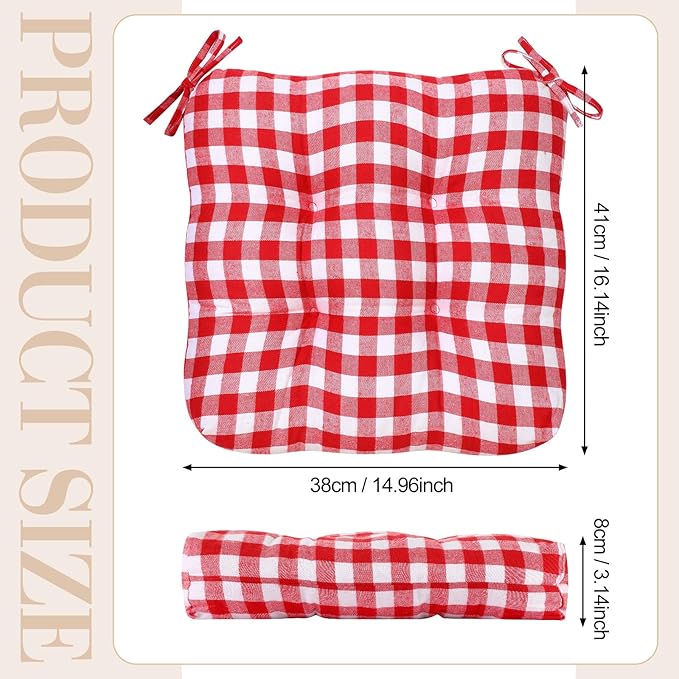 Geetery 4 Pack Chair Cushions for Dining Chairs, 16" x 15" Red and White Kitchen Chair Cushions with Ties Buffalo Plaid Soft Comfy Seat Pads for Home Office Living Room Outdoor Indoor