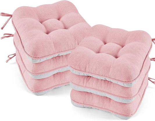 BETU Pink Chair Cushions for Dining Chairs Set of 6,3.5" Thick Kitchen Table Chair Pads with Ties,Non Slip Backing and Covers, Seat Cushion for Dining Room,Bar,Patio Chairs,15.5"X15.5"X3.5",Pink