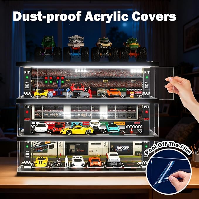 Display Case for Hot Wheels: Toy Car Garage with LED Lights, Freestanding Parking Garage Diorama for 1/64 Diecast Cars, 4-Level Storage Rack with 40 Spots – Cars Not Included