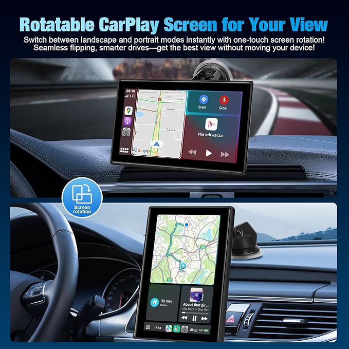 7" Portable Wireless CarPlay Screen for Car – Apple CarPlay & Android Auto, HD Touch Screen Car Stereo, Bluetooth, GPS Navigation, Voice Control, Plug-and-Play with FM/AUX/Mirror Link (Black)