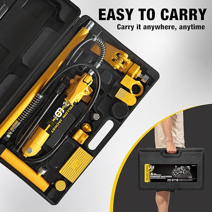 YELLOW JACKET 6 ton Porta Power Kit Hydraulic Ram Jack Pusher Puller Auto Body Frame Repair Tool with Blow Mold Carrying Storage Case for Car Repair,Truck,Farm