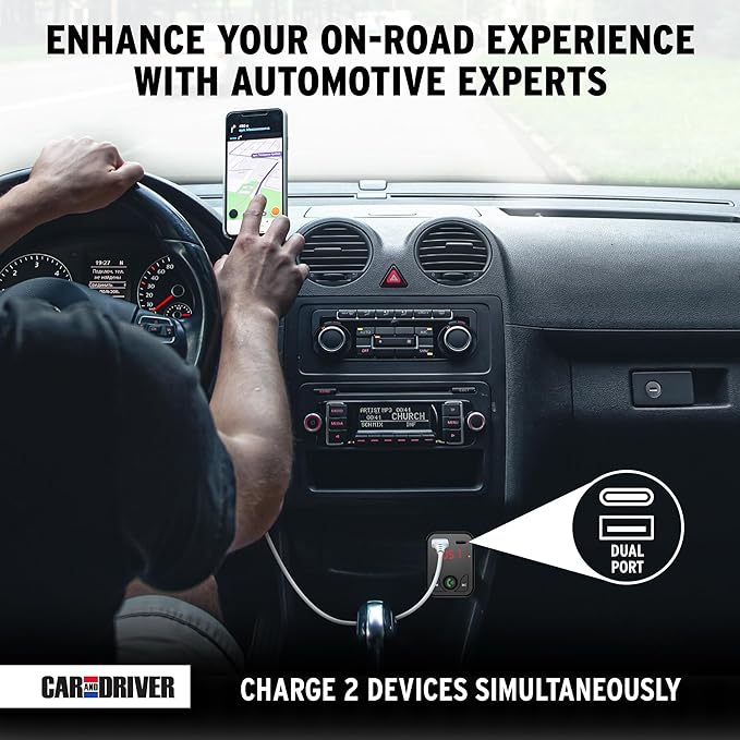 Car and Driver Bluetooth 5.3 FM Transmitter Charger, Dual USB Car Adapter with Fast 4.8 A Charging, Wireless Bluetooth Transmitter, Hands-Free Calling, Built-in Mic, LED Display, Micro-SD Card Slot