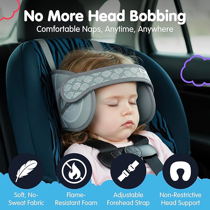 NapUp Adjustable Head Support for Car Seat – Patented & Crash-Tested Anti-Bobbing Head Holder Strap, Comfortable Sleep Solution - Breathable Fabric, Kids Travel Accessories - Ages 2+ - Grey