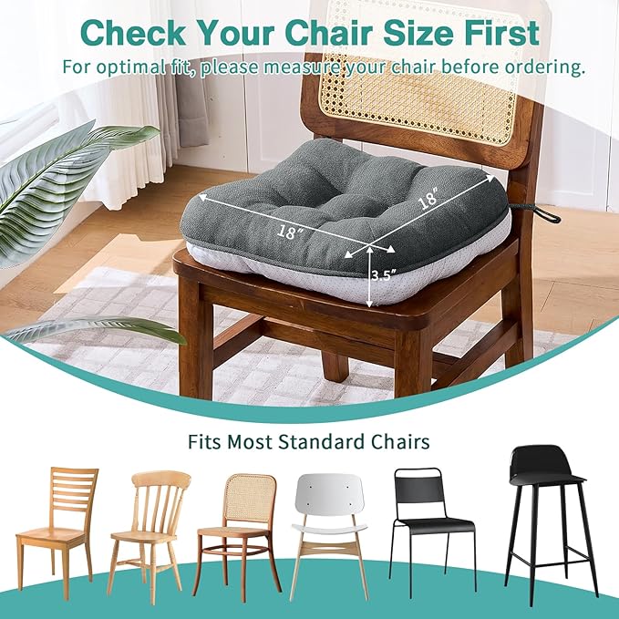 BETU Chair Cushions for Dining Chairs Set of 2,3.5" Thick Kitchen Table Chair Pads with Ties,Non Slip Backing and Covers, Seat Cushion for Dining Room,Bar,Patio Chairs,15.5"X15.5"X3.5",Dark Grey